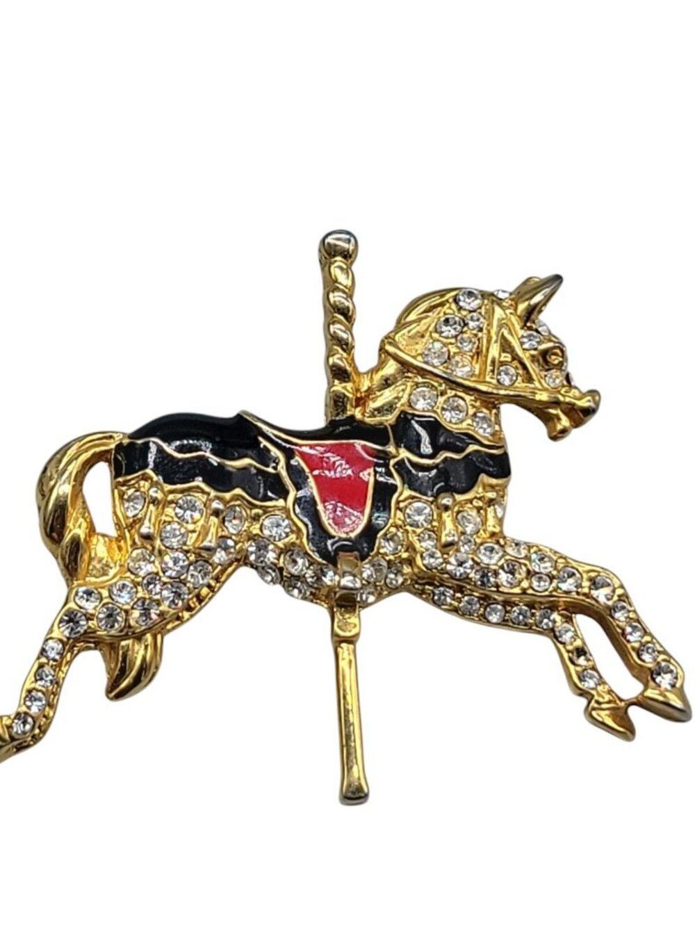 Carousel Horse Brooch Gold Plated Rhinestone Black Red Enamel Saddle Vintage - Picture 2 of 6